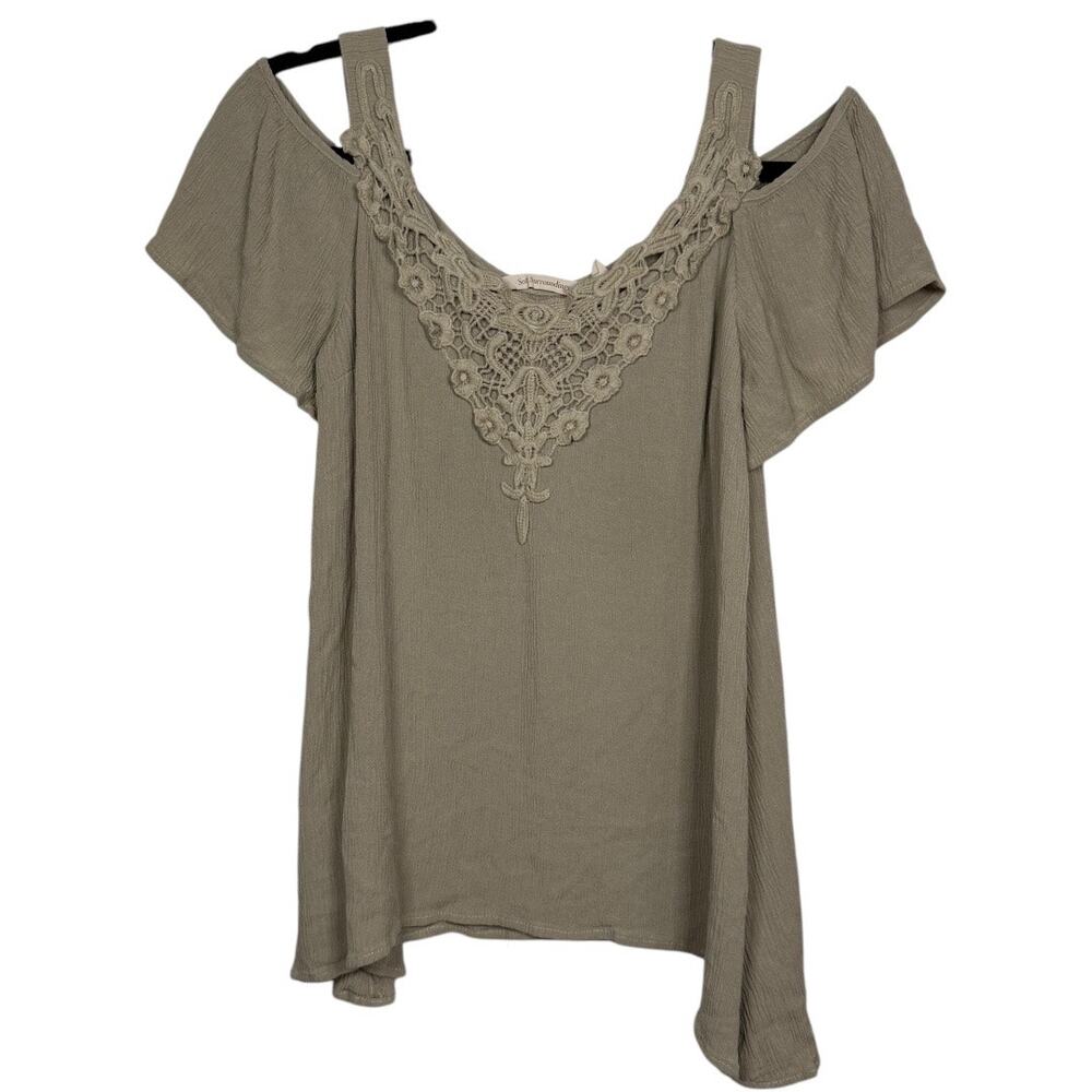 Soft Surroundings tan crepe and crochet old‎ shoulder blouse XS